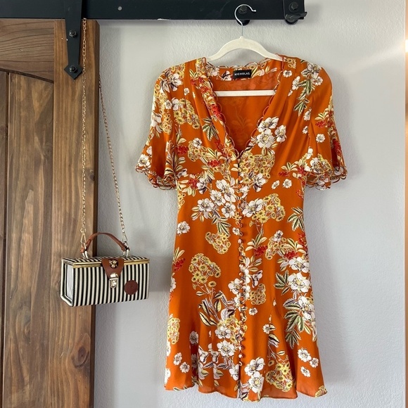 Nicholas Dress Floral Godet Mini Orange Silk Ruffle Size US 2 Fits Small NWOT - Picture 5 of 6
